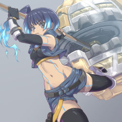 Rule 34 | 1girl, blue hair, brown eyes, chest jewel, fiery hair, glowing lines, hammer, highres, holding, holding hammer, leggings, navel, sena (xenoblade), short shorts, shorts, shoulder strap, simple background, solo, sports bra, xenoblade chronicles (series), xenoblade chronicles 3, yazwo