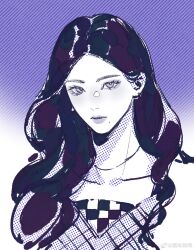 Rule 34 | 1girl, absurdres, aespa, animification, blue theme, checkered clothes, checkered shirt, chinese commentary, collarbone, earrings, hair behind ear, halftone, highres, jewelry, k-pop, karina (aespa), looking at viewer, mole, mole under mouth, monochrome, parted hair, portrait, real life, shirt, solo, striped, striped background, vest, weibo watermark, yuanwei shaoya
