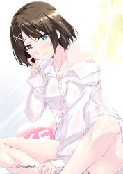 Rule 34 | 1girl, blue eyes, blush, brown hair, commentary request, dress shirt, hair ornament, hairclip, kantai collection, maya (kancolle), mikage takashi, no dress, off shoulder, shirt, short hair, solo, yes, yes-no pillow