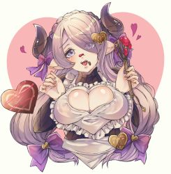 Rule 34 | 1girl, :d, apron, ayame (ayame015), blush, bow, braid, breasts, candy, chocolate, chocolate heart, cleavage, cleavage cutout, clothing cutout, crown braid, draph, eyes visible through hair, food, food on face, frilled apron, frills, furrowed brow, granblue fantasy, hair bow, hair ornament, hair over one eye, head tilt, heart, heart cutout, heart hair ornament, highres, holding, horns, large breasts, light purple hair, long hair, long sleeves, looking at viewer, narmaya (granblue fantasy), narmaya (valentine) (granblue fantasy), open mouth, pointy ears, purple bow, purple eyes, smile, solo, upper body, valentine, very long hair, whisk, white apron