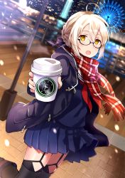 Rule 34 | 1girl, :o, ahoge, artoria pendragon (all), artoria pendragon (fate), black-framed eyewear, blonde hair, blue ribbon, blue skirt, blurry, blush, brand name imitation, coat, coffee cup, cup, depth of field, disposable cup, duffel coat, dutch angle, fate/grand order, fate (series), fringe trim, garter straps, glasses, hair between eyes, hair ribbon, looking at viewer, mysterious heroine x alter (fate), mysterious heroine x alter (first ascension) (fate), neckerchief, open clothes, open coat, open mouth, outdoors, pier, plaid, plaid scarf, pleated skirt, product placement, red neckerchief, red scarf, ribbon, saber (fate), scarf, school uniform, semi-rimless eyewear, serafuku, short hair with long locks, sidelocks, skirt, solo, standing, standing on one leg, starbucks, tan (tangent), thighhighs, under-rim eyewear, valentine, yellow eyes