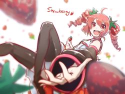 Rule 34 | 1girl, ahoge, black sleeves, black thighhighs, blurry, blurry foreground, commentary, depth of field, detached sleeves, drill hair, food, foreshortening, fruit, hair ornament, highres, holding, holding food, holding fruit, kasane teto, katai uji, knees up, leaf hair ornament, looking at viewer, open mouth, reaching, reaching towards viewer, red eyes, red hair, red skirt, shirt, skirt, sleeveless, sleeveless shirt, smile, solo, strawberry, thighhighs, twin drills, utau, white background, white shirt