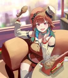Rule 34 | 1girl, absurdres, aqua choker, aqua hair, blurry, blurry background, breasts, chef hat, chicken (food), colored inner hair, commentary, detached sleeves, earrings, elbow rest, english commentary, fang, feather earrings, feathers, food, grey thighhighs, hands up, hat, highres, holding, holding food, hololive, hololive english, indoors, jewelry, kfp, large breasts, light blush, looking at viewer, mac star, multicolored hair, open mouth, orange hair, orange hat, orange shirt, pink eyes, shirt, sitting, skin fang, sleeveless, sleeveless shirt, smile, solo, steam, takanashi kiara, thighhighs, virtual youtuber, white hat, white sleeves, window