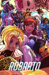 Rule 34 | 1boy, 6+girls, ^ ^, ana (overwatch), armor, artist name, bad id, bad tumblr id, blonde hair, blue eyes, bodysuit, brown hair, center opening, closed eyes, colored skin, commentary, d.va (overwatch), dark-skinned female, dark skin, derivative work, double v, everyone, eyepatch, finger to mouth, glasses, goggles, green eyes, grin, halo, hanzo (overwatch), headphones, highres, looking at viewer, mechanical halo, mei (overwatch), mercy (overwatch), mole, mole under eye, multiple girls, one-eyed, overwatch, overwatch 1, parody, pharah (overwatch), pink hair, pov, power armor, purple hair, purple skin, robaato, salute, scar, shushing, smile, sombra (overwatch), symmetra (overwatch), tracer (overwatch), two-finger salute, v, visor, widowmaker (overwatch), zarya (overwatch)