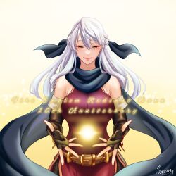 Rule 34 | 1girl, anniversary, bare shoulders, belt, black gloves, blue ribbon, blue scarf, breasts, commentary request, dress, fingerless gloves, fire emblem, fire emblem: radiant dawn, gloves, hair between eyes, hair ribbon, highres, large breasts, long hair, marth-chan (micaiah mrmm), micaiah (fire emblem), nintendo, pink lips, red dress, ribbon, scarf, sleeveless, sleeveless dress, smile, solo, upper body, white hair, yellow background, yellow eyes