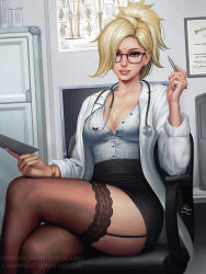 Rule 34 | 1girl, alternate costume, black-framed eyewear, black skirt, blonde hair, blue eyes, breasts, brown thighhighs, chair, cleavage, clipboard, crossed legs, doctor, door, earrings, fingernails, garter straps, glasses, hand up, high-waist skirt, highres, holding, indoors, jewelry, lab coat, lace, lace-trimmed legwear, lace trim, large breasts, long sleeves, looking at viewer, mercy (overwatch), overwatch, overwatch 1, parted lips, pen, pink lips, ponytail, realistic, sciamano240, signature, sitting, skirt, smile, solo, stethoscope, thighhighs, watch, wristwatch