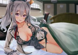 Rule 34 | 10s, 1girl, bed, breasts, censored, cleavage, convenient censoring, female focus, grey hair, kantai collection, kashima (kancolle), large breasts, lingerie, long hair, mono (sunegey), no bra, open clothes, open shirt, panties, panty pull, pink eyes, shirt, twintails, underwear