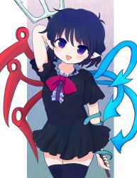 Rule 34 | 1girl, arm up, asymmetrical wings, black dress, black hair, black thighhighs, blue wings, blush, bow, bowtie, buttons, center frills, commentary, cowboy shot, dress, frilled dress, frills, highres, houjuu nue, looking at viewer, open mouth, pointy ears, polearm, purple eyes, red bow, red bowtie, red wings, rei (tonbo0430), short dress, short hair, short sleeves, smile, snake, solo, thighhighs, touhou, trident, weapon, wings, zettai ryouiki