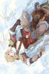 Rule 34 | 1boy, belt buckle, blonde hair, blue eyes, buckle, foot out of frame, fur trim, gloves, grey pants, hair between eyes, link, looking at viewer, male focus, medium hair, nintendo, open mouth, outdoors, pants, partially fingerless gloves, pointy ears, sled, sledding, snow, solo, starstruckdon, the legend of zelda, the legend of zelda: breath of the wild, winter clothes