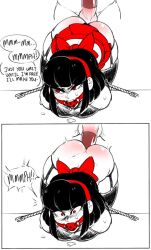 Rule 34 | 2boys, anal, angry, ass, ball gag, bdsm, black hair, blush, bondage, bound, bow, cibastion, condom, drooling, english text, gag, gagged, garter straps, hair bow, hairband, highres, instant loss, male focus, male penetrated, miniskirt, multiple boys, original, pectorals, penis, red bow, red eyes, rope, scythe (cibastion), sex, sex from behind, short hair, skirt, sweat, sweatdrop, testicles, thighhighs, top-down bottom-up, trap, yaoi