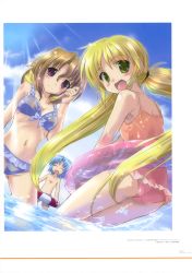 Rule 34 | 1boy, 2girls, :d, absurdres, ayasaki hayate, bikini, blonde hair, blue bikini, blue hair, bow, breasts, brown hair, casual one-piece swimsuit, cleavage, closed eyes, collarbone, day, dutch angle, floating hair, frilled bikini, frilled swimsuit, frills, green eyes, hair bow, hand in own hair, hayate no gotoku!, highres, innertube, komatsu eiji, long hair, looking at viewer, looking back, maria, maria (hayate no gotoku!), medium breasts, midriff, multiple girls, navel, ocean, one-piece swimsuit, open mouth, orange one-piece swimsuit, outdoors, purple eyes, sanzen&#039;in nagi, short hair, smile, stomach, swim ring, swimsuit, transparent, twintails, very long hair, wading, yellow bow