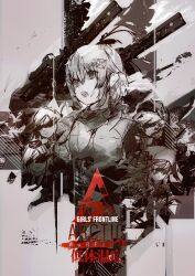 Rule 34 | 5girls, abstract background, absurdres, cannon, chinese text, commentary, copyright name, empty eyes, english commentary, english text, fnc (girls&#039; frontline), girls&#039; frontline, hair ornament, highres, jupiter cannon (girls&#039; frontline), m3 (girls&#039; frontline), monochrome, mp-446 (girls&#039; frontline), mp40 (girls&#039; frontline), multiple girls, nagant revolver (girls&#039; frontline), tfnfe sach