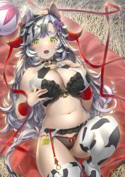 Rule 34 | 1girl, animal ears, animal print, bandaged wrist, bandages, bell, belly, black hair, bra, breasts, cleavage, cow print, earrings, eyebrows, fingernails, flower, from above, garter belt, garter straps, green eyes, hair flower, hair ornament, hand on own chest, hands up, highres, horn ornament, horn ribbon, horns, jewelry, kawarage, knee up, large breasts, lingerie, long hair, looking at viewer, lying, multicolored hair, navel, o-ring, o-ring top, on back, open mouth, original, panties, parted bangs, print bra, print thighhighs, ribbon, skindentation, solo, stomach, tail, thighhighs, two-tone hair, underwear, underwear only, very long hair, white hair