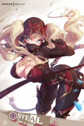 Rule 34 | 1girl, adapted costume, ass, bent over, blonde hair, blue eyes, bodysuit, breasts, buckle, dagger, fantasy, knife, large breasts, long hair, mitsu (mitsu art), persona, persona 5, solo, takamaki anne, twintails, veil, weapon, whip