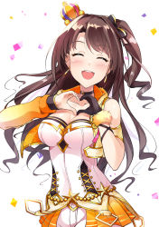 Rule 34 | 10s, 1girl, breasts, brown hair, cleavage, crown, detached sleeves, closed eyes, gloves, heart, heart hands, highres, idolmaster, idolmaster cinderella girls, idolmaster cinderella girls starlight stage, long hair, mini crown, one side up, open mouth, shimamura uzuki, shirosaba47, side ponytail, single glove, smile, solo