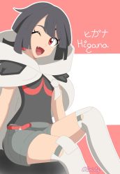 Rule 34 | 1girl, artist name, black hair, black shirt, bob cut, cape, character name, creatures (company), fang, female focus, game freak, happy, highres, japanese text, legs, looking at viewer, multicolored background, nintendo, one eye closed, open mouth, pokemon, pokemon oras, red eyes, rope belt, shirt, short hair, short ponytail, short shorts, shorts, simple background, sitting, sleeveless, sleeveless shirt, thighs, viper3n3n3 (cristy), wink, zinnia (pokemon)