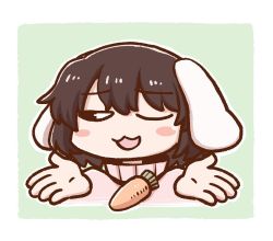 Rule 34 | 1girl, animal ears, black eyes, blue background, blush, blush stickers, brown hair, carrot necklace, dress, female focus, inaba tewi, necklace, one eye closed, one eye covered, outline, pink dress, poronegi, rabbit ears, short hair, shrugging, simple background, solo, touhou, white outline