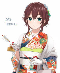 Rule 34 | 1girl, 2023, alternate costume, alternate hairstyle, aqua eyes, arrow (projectile), brown hair, closed mouth, earrings, ema, floral print, flower, fugu custom, fur-trimmed gloves, fur trim, furisode, gloves, green eyes, hair between eyes, hair bun, hair flower, hair ornament, hamaya, happy new year, holding, holding arrow, japanese clothes, jewelry, kantai collection, kimono, long hair, long sleeves, new year, noshiro (kancolle), obi, print kimono, sash, sidelocks, simple background, single earring, single hair bun, smile, solo, swept bangs, upper body, white background, white gloves, white kimono, wide sleeves