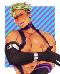 Rule 34 | 1boy, black gloves, blush, bodysuit, buckle, chest harness, covered erect nipples, dark-skinned male, dark skin, elbow gloves, eyelashes, ez do dance, fangs, gloves, green hair, harness, king of prism, king of prism by prettyrhythm, looking at viewer, male focus, muscular, neon trim, nipples, open mouth, patterned background, pectorals, pretty rhythm, pretty series, purple eyes, solo, striped, striped background, sweat, undercut, upper body, yamato alexander