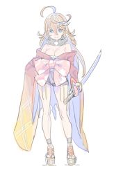 Rule 34 | black gloves, blue eyes, breasts, brown hair, cleavage, clog sandals, closed mouth, contrapposto, enkyo yuuichirou, fingerless gloves, full body, fur collar, gloves, gradient clothes, gradient kimono, hair between eyes, highres, holding, holding sword, holding weapon, japanese clothes, katana, kimono, large breasts, long sleeves, looking at viewer, obi, off shoulder, reverse grip, sarashi, sash, simple background, smile, sword, tenka hyakken, weapon, white background, wide sleeves