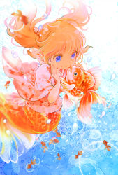Rule 34 | 1girl, blue eyes, bubble, fish, goldfish, hands on own cheeks, hands on own face, isi88, japanese clothes, jobo (isi88), long hair, mermaid, monster girl, orange hair, original, shochuumimai, smile, twintails, water