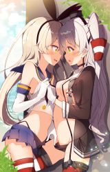 Rule 34 | 10s, 2girls, :d, against wall, amatsukaze (kancolle), ass, bikini, black dress, black neckerchief, black panties, blonde hair, blue sailor collar, blue skirt, blush, breasts, choker, crop top, day, dress, elbow gloves, eye contact, female focus, gloves, hair ornament, hair tubes, highleg, highleg panties, highres, ichijo rei, kantai collection, leg between thighs, long hair, long sleeves, looking at another, medium breasts, miniskirt, multiple girls, navel, neckerchief, ocean, open mouth, panties, panty pull, pleated skirt, pussy juice, sailor collar, shimakaze (kancolle), side-tie bikini bottom, silver hair, skirt, sleeveless, smile, striped clothes, striped thighhighs, swimsuit, thighhighs, two side up, underwear, water, white gloves, white sailor collar, yellow eyes, yuri