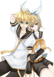 Rule 34 | 1boy, 1girl, bad id, bad pixiv id, blonde hair, blue eyes, brother and sister, detached sleeves, hair ornament, hair ribbon, hairclip, highres, kagamine len, kagamine rin, miri (roll), necktie, ribbon, sailor, shorts, siblings, twins, vocaloid, yellow necktie