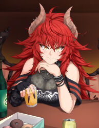 Rule 34 | 1girl, black gloves, black nails, black shirt, breasts, cleavage, cup, doughnut, dragon girl, dragon horns, dragon wings, fingerless gloves, food, gloves, head rest, highres, holding, holding cup, horns, large breasts, looking at viewer, nail polish, red hair, shirt, single glove, smile, solo, spiked hair, virtual youtuber, vshojo, wings, yellow eyes, yomitrooper, zentreya, zentreya (dragon), zentreya (dragon) (3rd costume)