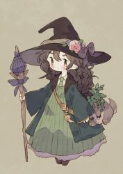 Rule 34 | 1girl, black bow, black hat, bow, braid, brown eyes, brown hair, chibi, chuno (poym), collared shirt, dot mouth, dress, expressionless, flower, full body, grape hat ornament, green dress, green necktie, hat, hat bow, hat flower, highres, holding, holding staff, leaf, light blush, long hair, long sleeves, necktie, original, pink flower, pink rose, plant, rose, shirt, simple background, solo, staff, standing, strap, stuffed animal, stuffed toy, wide sleeves, witch, witch hat