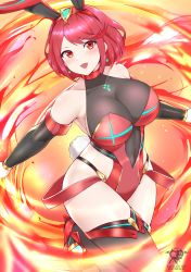 Rule 34 | 1girl, absurdres, blush, bodysuit, breasts, chest jewel, earrings, headpiece, highleg, highleg leotard, highres, jewelry, kaos art, large breasts, leotard, looking at viewer, pyra (xenoblade), red eyes, red hair, short hair, skin tight, smile, solo, strapless, strapless leotard, swept bangs, thick thighs, thighs, xenoblade chronicles (series), xenoblade chronicles 2