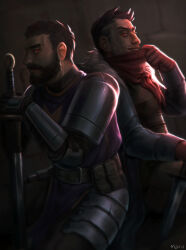 Rule 34 | 2boys, back-to-back, beard, connected beard, crusader (darkest dungeon), darkest dungeon, facial hair, from side, full beard, highres, highwayman (darkest dungeon), knight, looking at viewer, male focus, mature male, multiple boys, paid reward available, planted, planted sword, planted weapon, seductive smile, short hair, sideways glance, smile, sword, thick eyebrows, undercut, viktormaru, weapon