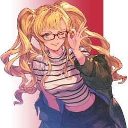 Rule 34 | 1girl, adjusting eyewear, black pants, black shirt, blonde hair, blue eyes, blush, braid, glasses, granblue fantasy, green jacket, highres, jacket, long hair, minaba hideo, off shoulder, official art, one eye closed, open clothes, open jacket, pants, red nails, shirt, smile, solo, teeth, twintails, two-tone shirt, white shirt, zeta (granblue fantasy)