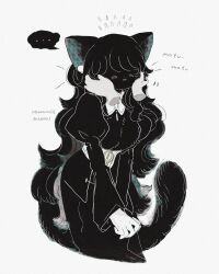 Rule 34 | ..., 1girl, :i, absurdres, animal ears, annei (obakeno555), artist name, black dress, black fur, black hair, black tail, blush, cat ears, cat girl, cat tail, closed mouth, commentary, covered eyes, cropped legs, dated, disembodied limb, dot nose, dress, earrings, english commentary, film grain, flying sweatdrops, furry, furry female, gloves, hair over eyes, hands on another&#039;s cheeks, hands on another&#039;s face, highres, jewelry, limited palette, long hair, long sleeves, original, romaji text, simple background, single earring, solo focus, spoken ellipsis, tail, v arms, very long hair, white background, white gloves