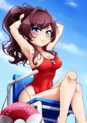 Rule 34 | 1girl, :3, ahoge, armpits, arms behind head, arms up, blue eyes, breasts, brown hair, casual one-piece swimsuit, chair, commentary request, covered navel, feet out of frame, ichinose shiki, idolmaster, idolmaster cinderella girls, lifeguard, long hair, looking at viewer, medium breasts, one-piece swimsuit, ponytail, red one-piece swimsuit, sitting, smile, solo, stalkingp, swimsuit, wavy hair, whistle, whistle around neck