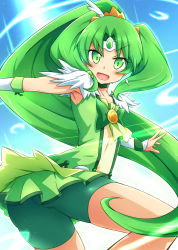 Rule 34 | 10s, 1girl, :d, armpits, ass, bike shorts, blush, bow, choker, cure march, earrings, green eyes, green hair, highres, jewelry, kirimochi, long hair, looking at viewer, magical girl, matching hair/eyes, midorikawa nao, open mouth, ponytail, precure, shorts under skirt, skirt, smile, smile precure!, solo, tiara, tri tails, very long hair, wind, wrist cuffs