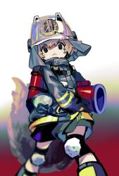 Rule 34 | 1girl, arknights, black eyes, black footwear, black jacket, black shorts, blurry, blurry background, brown hair, empty eyes, feet out of frame, fire extinguisher, fire helmet, firefighter jacket, frown, gradient background, holding, ieiieiiei, jacket, knee pads, looking at viewer, red background, serious, shaw (arknights), short hair, shorts, solo, white background