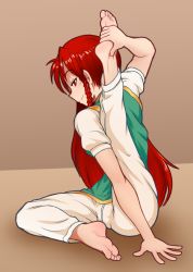 Rule 34 | 1girl, barefoot, braid, feet, female focus, flexible, full body, hands on feet, hong meiling, iromeki overdrive, long hair, looking at viewer, naughty face, no headwear, pants, plantar flexion, red eyes, red hair, sitting, smile, soles, solo, stretching, toes, touhou, twin braids, yoga