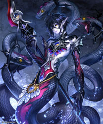 Rule 34 | 1boy, ahoge, black hair, black sclera, closed mouth, colored sclera, colored skin, crystal, cygames, fangs, fingernails, holding, holding staff, jewelry, lamia boy, long pointy ears, looking at viewer, male focus, monster boy, multiple tails, nijihara, official art, pointy ears, purple skin, scales, shadowverse, sharp fingernails, short hair, slit pupils, smile, snake, snake boy, solo, staff, tail, wavy hair, yellow eyes