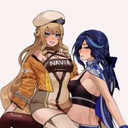 Rule 34 | 2girls, bare arms, bare shoulders, beret, blonde hair, blue eyes, blue hair, breasts, bunnyoki, character name, choker, cleavage, clorinde (genshin impact), clothes writing, commentary, crop top, dress, english commentary, genshin impact, grey background, grin, hat, highres, jacket, long hair, looking at viewer, medium breasts, midriff, multiple girls, navia (genshin impact), off shoulder, official alternate costume, orange jacket, pencil dress, profile, short dress, simple background, smile, thighs, very long hair, white headwear