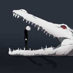 Rule 34 | 1boy, arms at sides, avogado6, business suit, commentary, crocodile, crocodilian, dark background, formal, from side, looking down, open mouth, original, red eyes, sharp teeth, standing, suit, tagme, teeth
