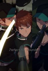 Rule 34 | 1boy, aiming, aiming at viewer, arafune tetsuji, baseball cap, black headwear, black jacket, black pants, blurry, brown eyes, brown hair, cloak, covered face, depth of field, dust, echo (circa), english text, frown, glowing, glowing sword, glowing weapon, green cloak, grin, gun, hand up, hat, hat loss, holding, holding gun, holding sword, holding weapon, jacket, long sleeves, looking at viewer, looking away, looking back, male focus, multiple views, outstretched arm, pants, profile, rifle, scope, shirt, short hair, smile, sniper rifle, sword, weapon, world trigger, zipper pull tab