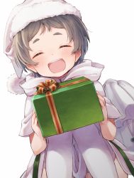 Rule 34 | 1girl, ^ ^, black hair, blush, box, closed eyes, gift, gift box, hat, holding, holding gift, kantai collection, knees together feet apart, maru-yu (kancolle), open mouth, pom pom (clothes), sack, santa costume, santa hat, short hair, simple background, smile, solo, teeth, thighhighs, totto (naka), upper teeth only, white background, white santa costume, white thighhighs