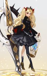 Rule 34 | 1girl, armlet, asymmetrical legwear, birdcage, black dress, black nails, black pantyhose, blonde hair, breasts, cage, chain, choroi amachori, closed mouth, commentary request, dress, earrings, ereshkigal (fate), ereshkigal (third ascension) (fate), fate/grand order, fate (series), fingernails, full body, gold footwear, gold trim, hair ornament, hair ribbon, high heels, highres, holding, holding cage, holding weapon, hoop earrings, jewelry, long hair, long sleeves, looking at viewer, meslamtaea (weapon), nail polish, pantyhose, parted bangs, plantar flexion, polearm, red eyes, red ribbon, ribbon, smile, solo, spear, tiara, two side up, uneven legwear, very long hair, weapon