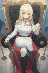 Rule 34 | 1girl, absurdres, armchair, belt, black belt, black footwear, blonde hair, boots, braid, breasts, buttons, chair, commentary, copyright request, cross, crossed legs, cup, double-breasted, epaulettes, gloves, gun, hair between eyes, highres, holding, holding cup, indoors, jacket, knee boots, large breasts, long hair, long sleeves, looking at viewer, military, military uniform, on chair, p00nipooni, pants, red eyes, rifle, sitting, smile, solo, symbol-only commentary, uniform, weapon, white gloves, white jacket, white pants