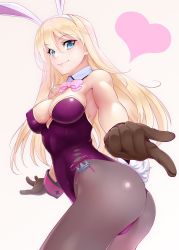 Rule 34 | 10s, 1girl, alternate costume, anchor, animal ears, arched back, ass, bare shoulders, bismarck (kancolle), black gloves, blonde hair, blue eyes, bow, bowtie, breasts, rabbit ears, cleavage, cowboy shot, detached collar, fake animal ears, fishnet pantyhose, fishnets, foreshortening, gloves, hair between eyes, heart, highres, kantai collection, kurihara kenshirou, leaning forward, leotard, long hair, looking back, medium breasts, pantyhose, playboy bunny, pointing, simple background, solo, twisted torso, wrist cuffs
