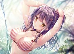 Rule 34 | 1girl, :q, armpits, arms up, bare arms, bare shoulders, bikini, black choker, blurry, blurry background, blush, breasts, brown eyes, choker, cleavage, closed mouth, collarbone, commentary request, depth of field, highres, large breasts, long hair, looking at viewer, nanami yuuno, original, purple hair, sidelocks, smile, solo, sousouman, striped bikini, striped clothes, swimsuit, tongue, tongue out, tying hair, upper body, water, wet