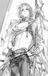 Rule 34 | 1boy, absurdres, bad id, bad twitter id, bandages, bare back, belt, closed mouth, earrings, eyes visible through hair, fingernails, greyscale, haban (haban35), half-closed eyes, highres, holding, holding sheath, holding sword, holding weapon, jewelry, katana, looking down, male focus, monochrome, multiple swords, navel, original, scabbard, sheath, sheathed, single earring, sketch, solo, standing, sword, turtleneck, unsheathing, weapon