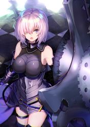 Rule 34 | 1girl, arm guards, armored leotard, bare shoulders, black leotard, black thighhighs, breasts, elbow gloves, fate/grand order, fate (series), gloves, hair over one eye, highres, holding, holding shield, large breasts, leotard, mash kyrielight, ninoude (ninoude44), open mouth, pink hair, pov, purple eyes, sheath, sheathed, shield, short hair, solo, sword, thigh strap, thighhighs, vambraces, weapon