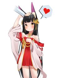 Rule 34 | 1girl, animal ears, azur lane, bare shoulders, black hair, blunt bangs, commander (azur lane), commentary request, detached sleeves, dress, fox ears, hair ornament, headpat, heart, highres, jewelry, long hair, looking at another, marimo daifuku, military, military uniform, nagato (azur lane), naval uniform, necklace, off-shoulder dress, off shoulder, out of frame, red dress, sidelocks, simple background, solo, spoken heart, uniform, white background, wide sleeves, yellow eyes