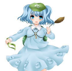 Rule 34 | 1girl, :d, backpack, bag, blue dress, blue eyes, blue hair, cowboy shot, dress, dual wielding, female focus, flat cap, hat, holding, jyako, kawashiro nitori, key, looking at viewer, matching hair/eyes, open mouth, pocket, simple background, smile, solo, touhou, two side up, white background